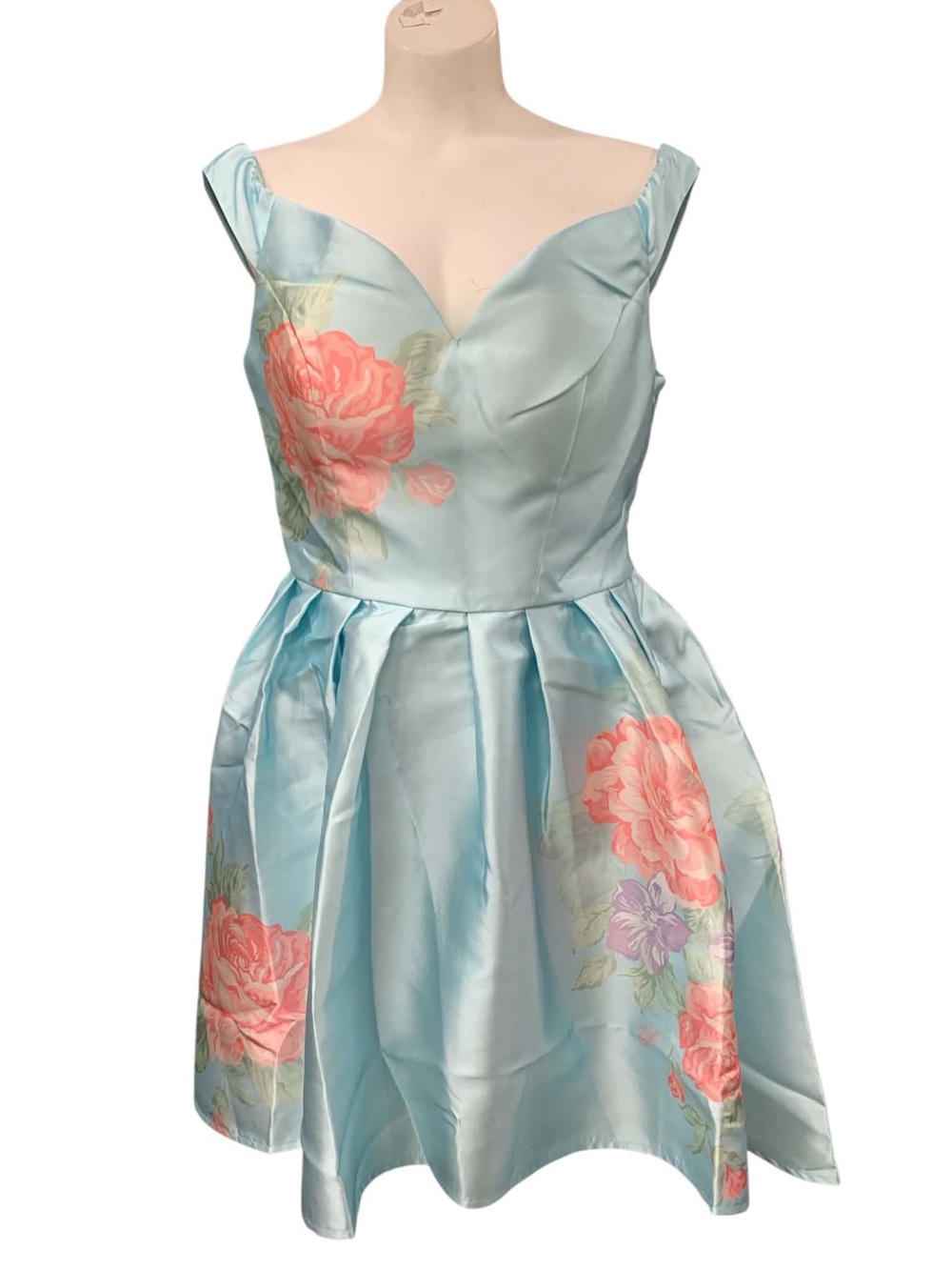 Chi Chi London Pale Blue Floral Off-Shoulder Fit & Flare Dress Size L